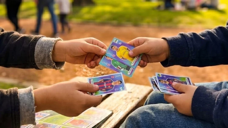 Dos chicos intercambiando figuritas del Mundial 2026